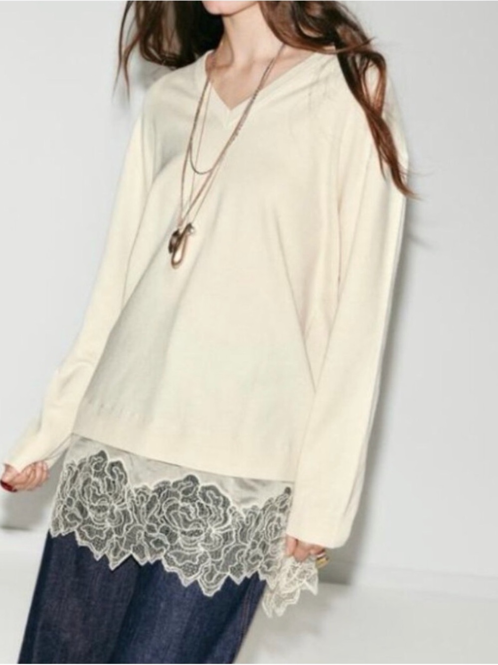Zara Oversize V-Neck Lace-Hem Sweater NWT